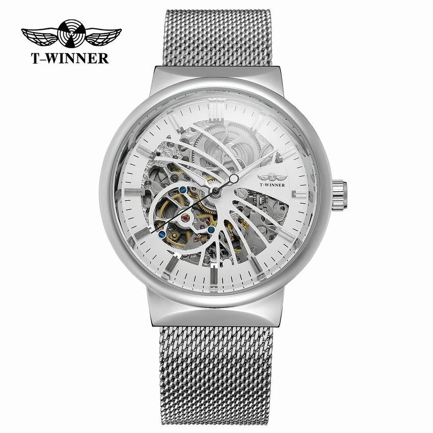 T-WINNER Automatic Mechanical Watch for Men – Mesh Strap, Waterproof Skeleton Design