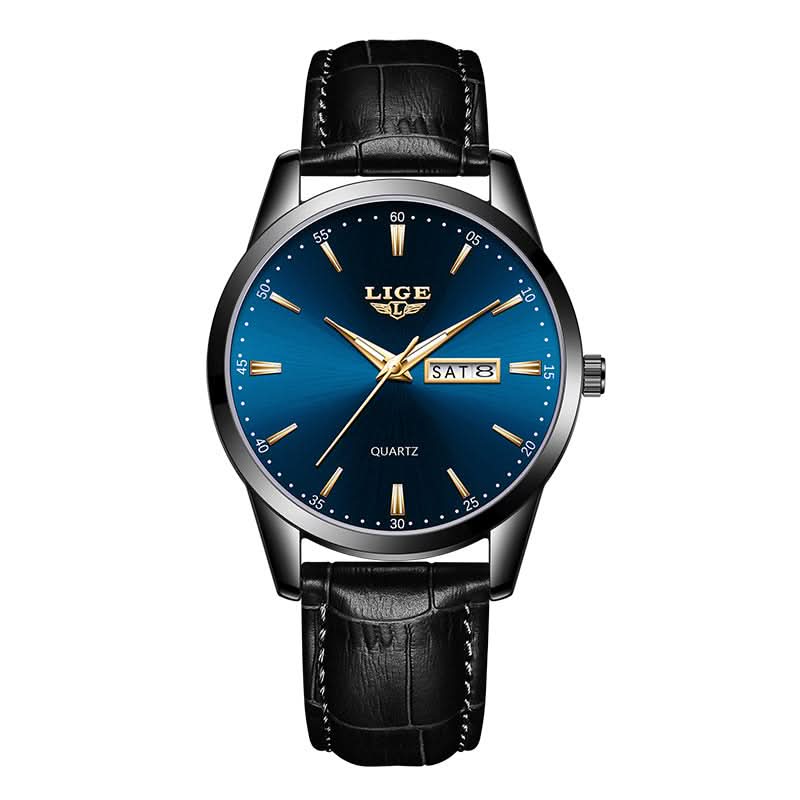 Men’s Business Quartz Watch with Dual Calendar & Luminous Hands – Leather Strap
