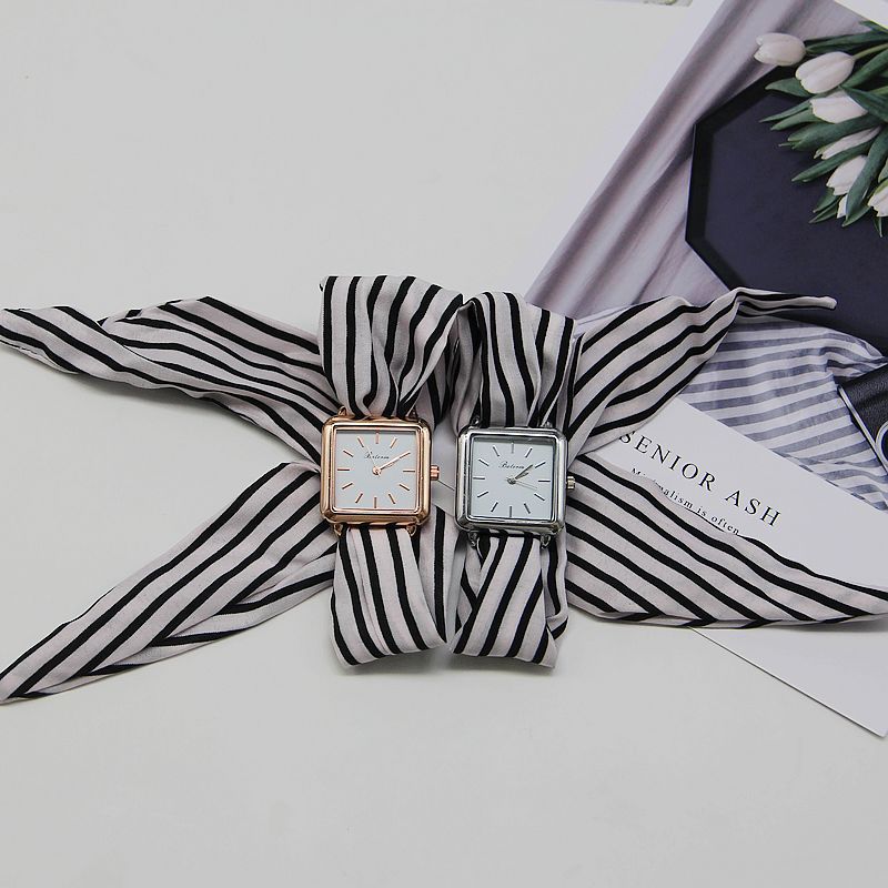 Women’s Square Quartz Watch with Striped Cloth Strap - World Time, Minimalist Fashion