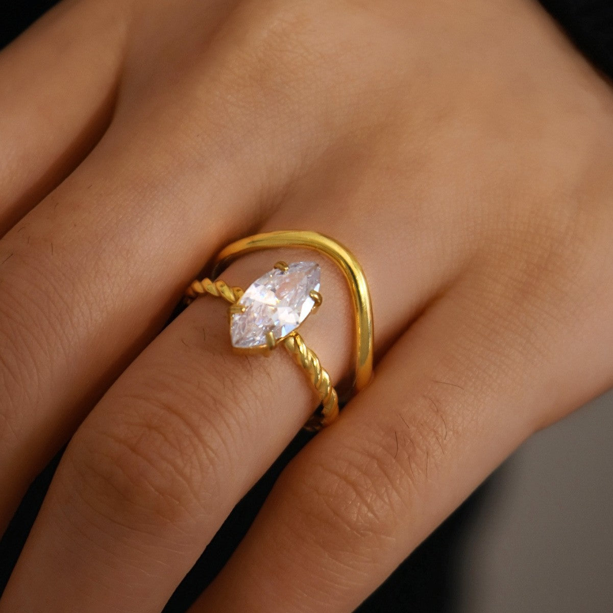 Gold Vine Twist Zircon Ring – Retro Titanium Steel Statement Ring for Women