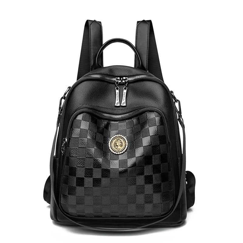 Women's Checkerboard PU Leather Backpack – With Multi-Pocket Design