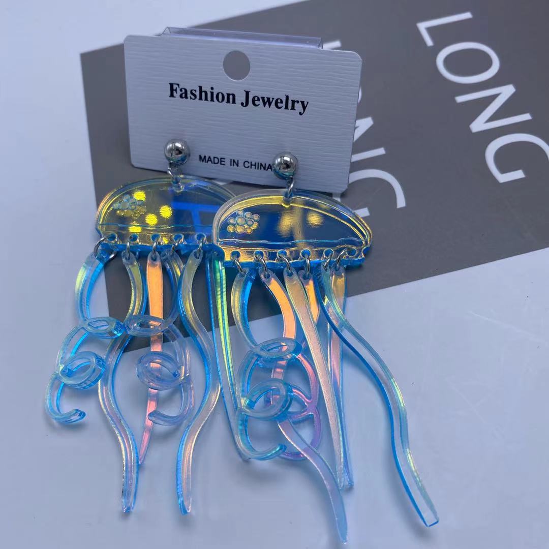 Blue Jellyfish Tassel Earrings – Retro Acrylic Animal Jewelry with Colorful Reflective Shine