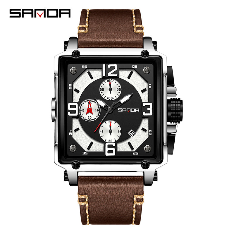 SANDA Luminous Men’s Square Quartz Watch – Leather Strap with Calendar & Small Seconds