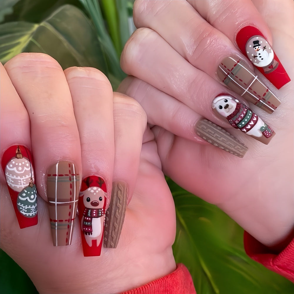 Coffin Press-On Nails with Polar Bear & Snowman Designs – Long Glue-On Nails
