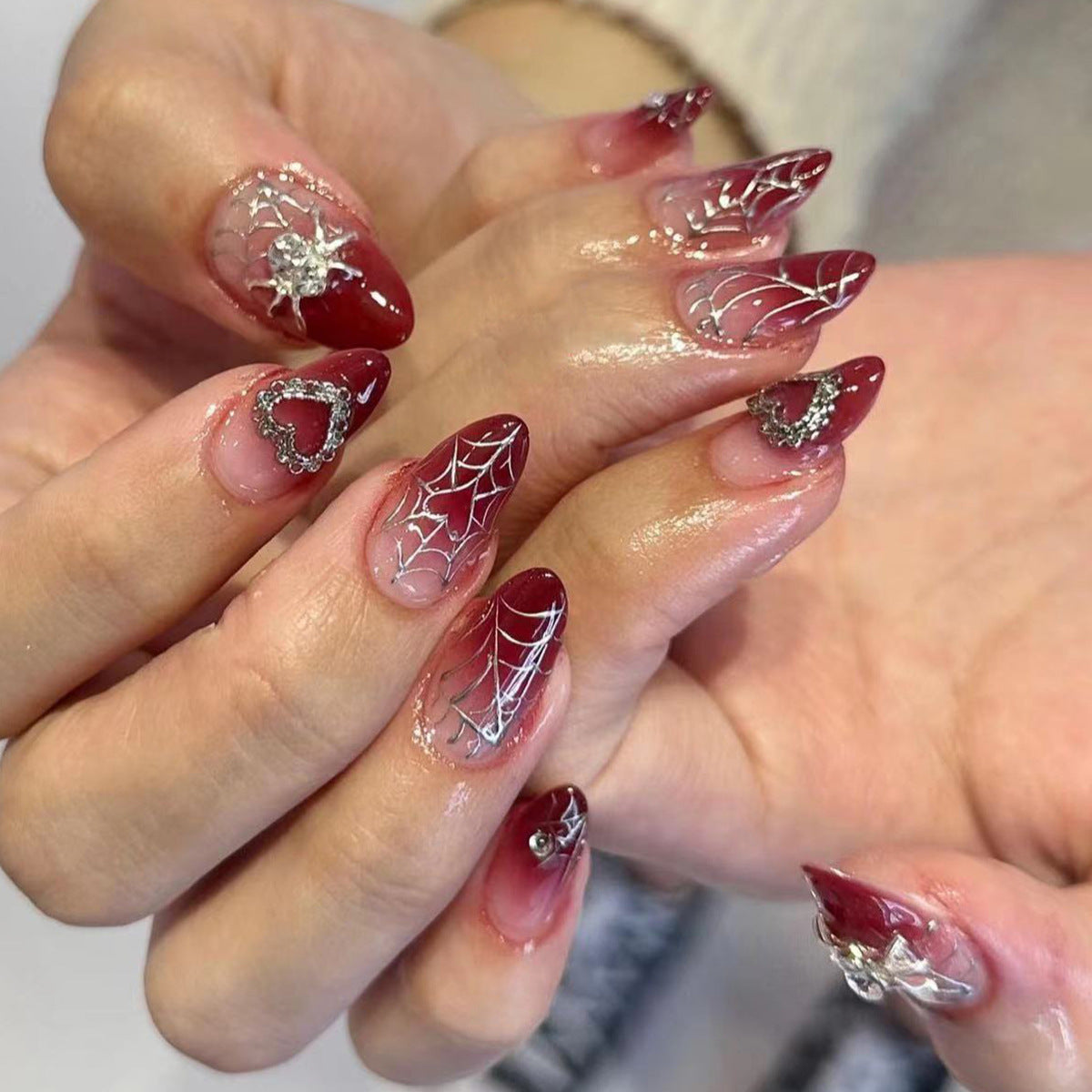 Red Ombre Spiderweb Press-On Nails – Medium Oval with Heart Rhinestones