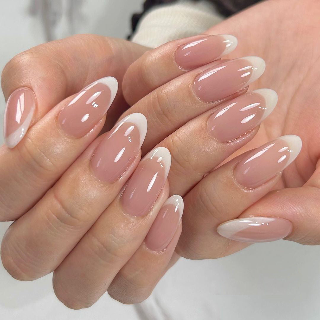Medium Almond French Tip Press-On Nails – Glossy Nude White