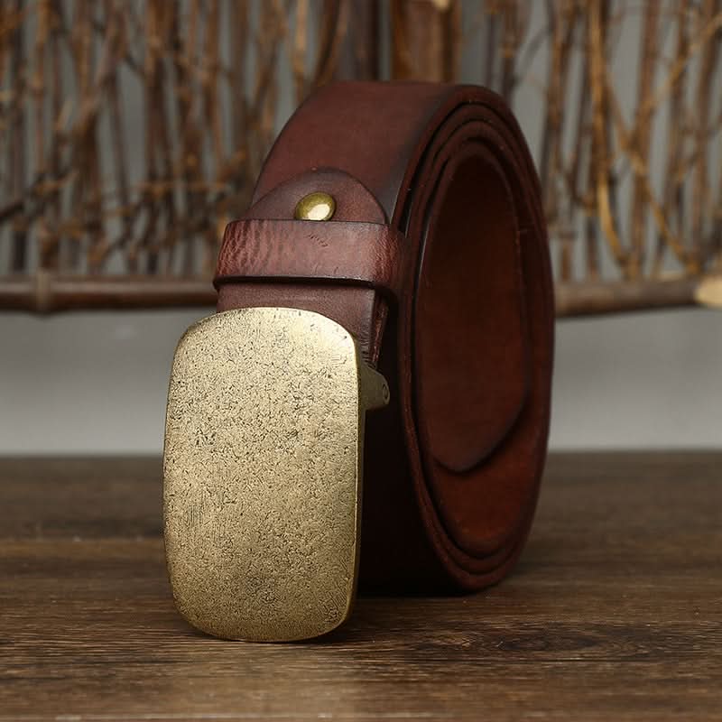 Men’s Retro Leather Belt – Vintage Smooth Copper Buckle