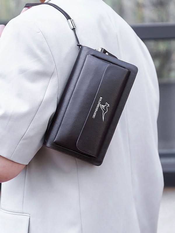 Men’s PU Leather Clutch Bag – Double Zipper Business Handbag with Phone Storage