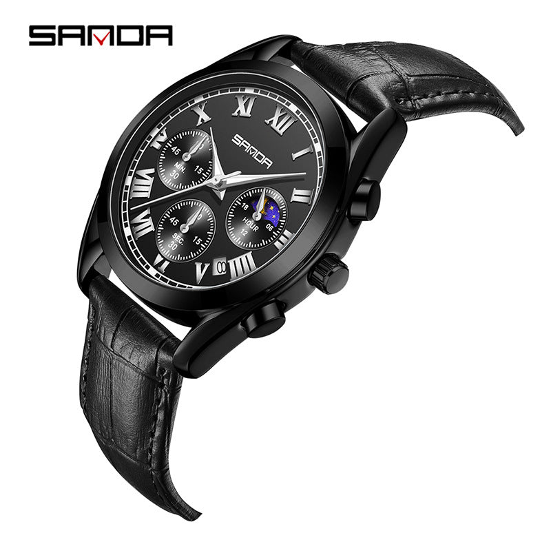 Sanda Men’s Leather Quartz Watch – Waterproof Business Watch with Moon Phase & Calendar