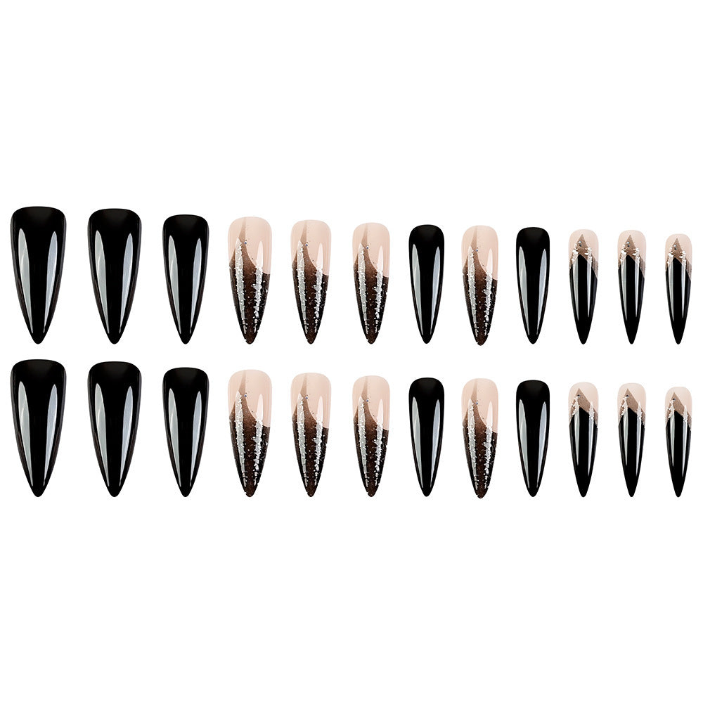Black French Glitter Press-On Nails – Long Stiletto Acrylic Gradient Tips
