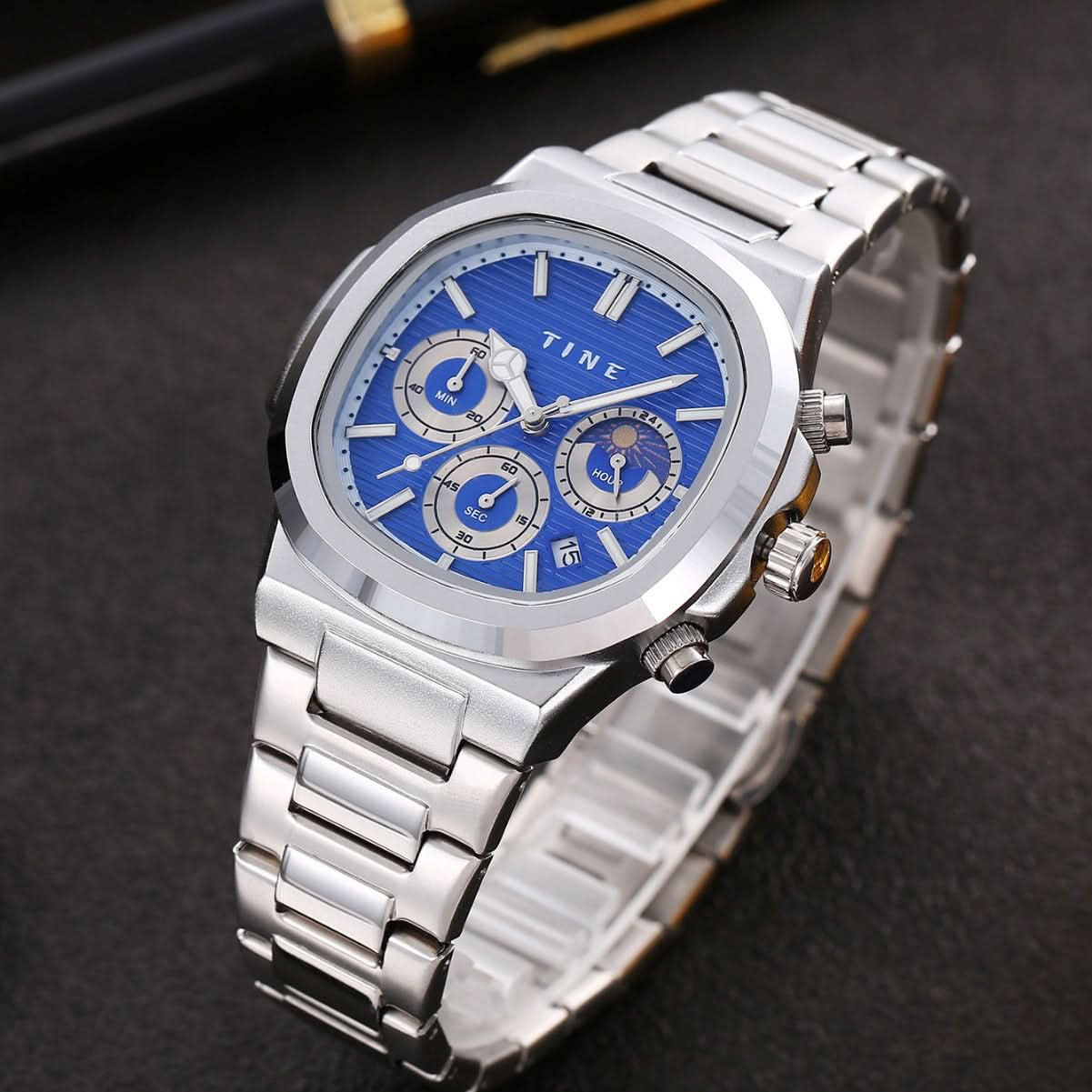 Men's Octagonal Moon Face Quartz Watch – Chronograph, Luminous Dial