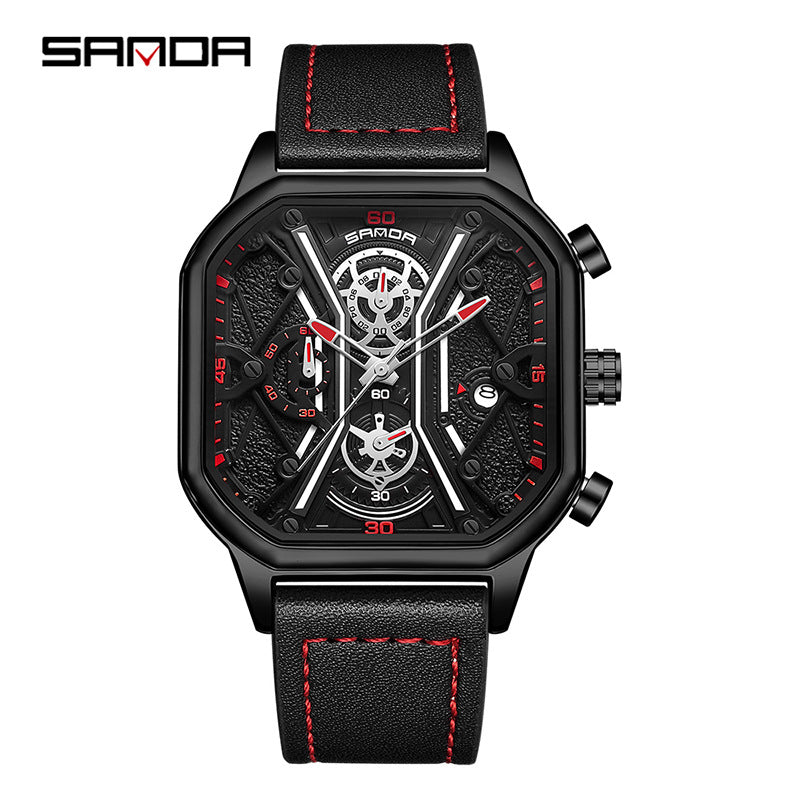 SANDA Men's Retro Square Quartz Watch – Waterproof Luminous Calendar Leather Strap