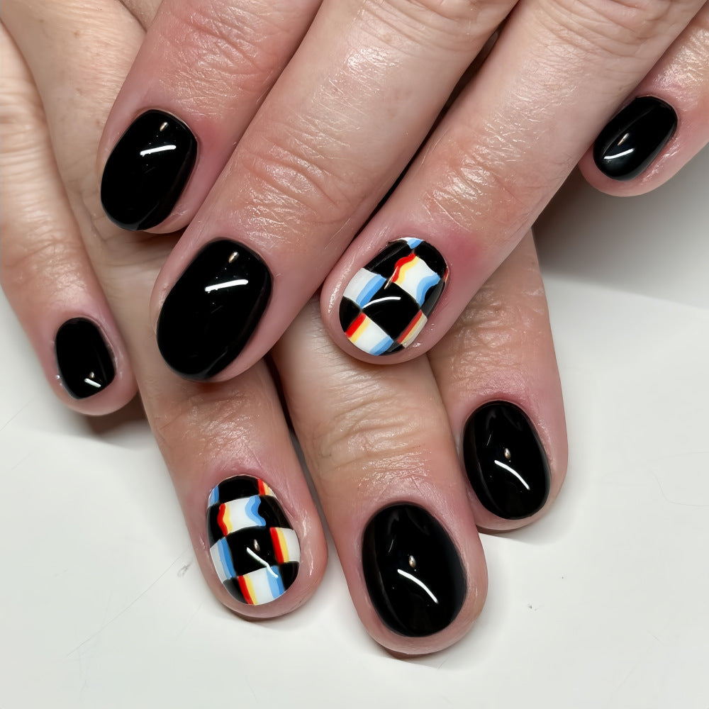 Checkerboard Press-On Nails – Glossy Square Design with Abstract Multicolor Accents