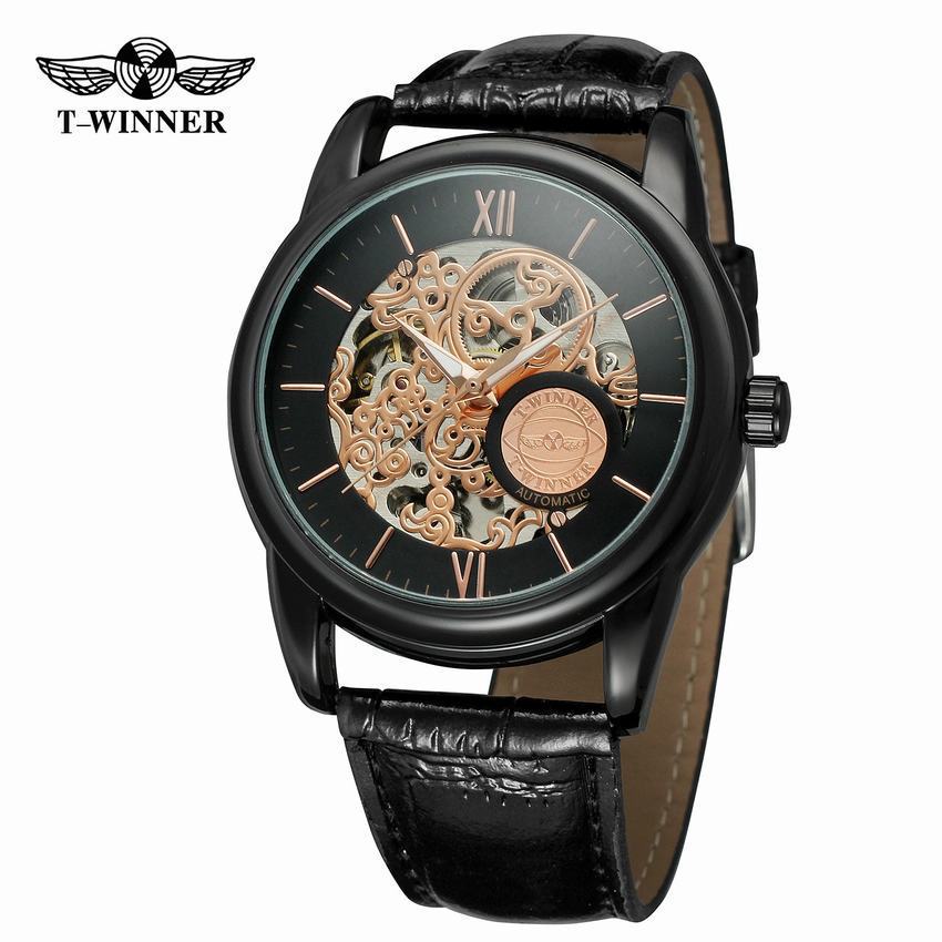 T-WINNER Hollow Automatic Mechanical Watch for Men – Leather Strap Fashion Timepiece