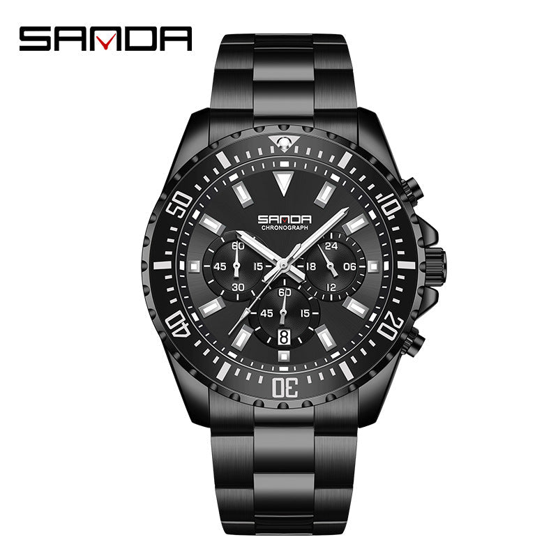 SANDA Luminous Men’s Quartz Watch – Stainless Steel Strap with Calendar & Chronograph