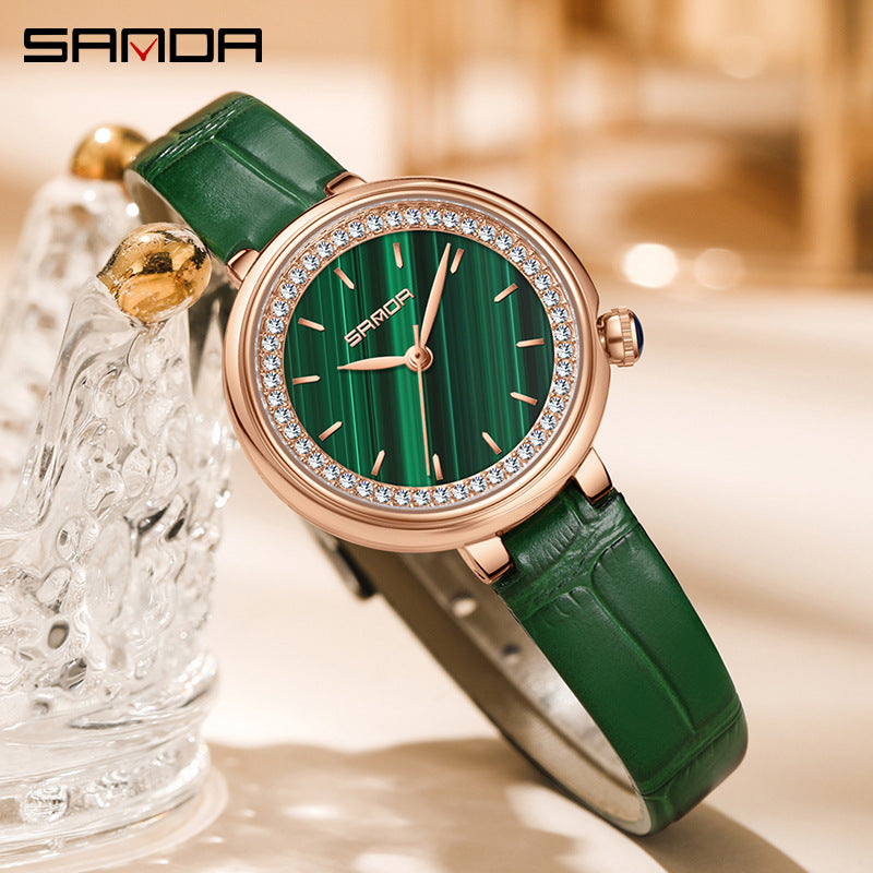 Sanda Women’s Leather Quartz Watch – Diamond Accent Small Dial, Waterproof Analog Watch