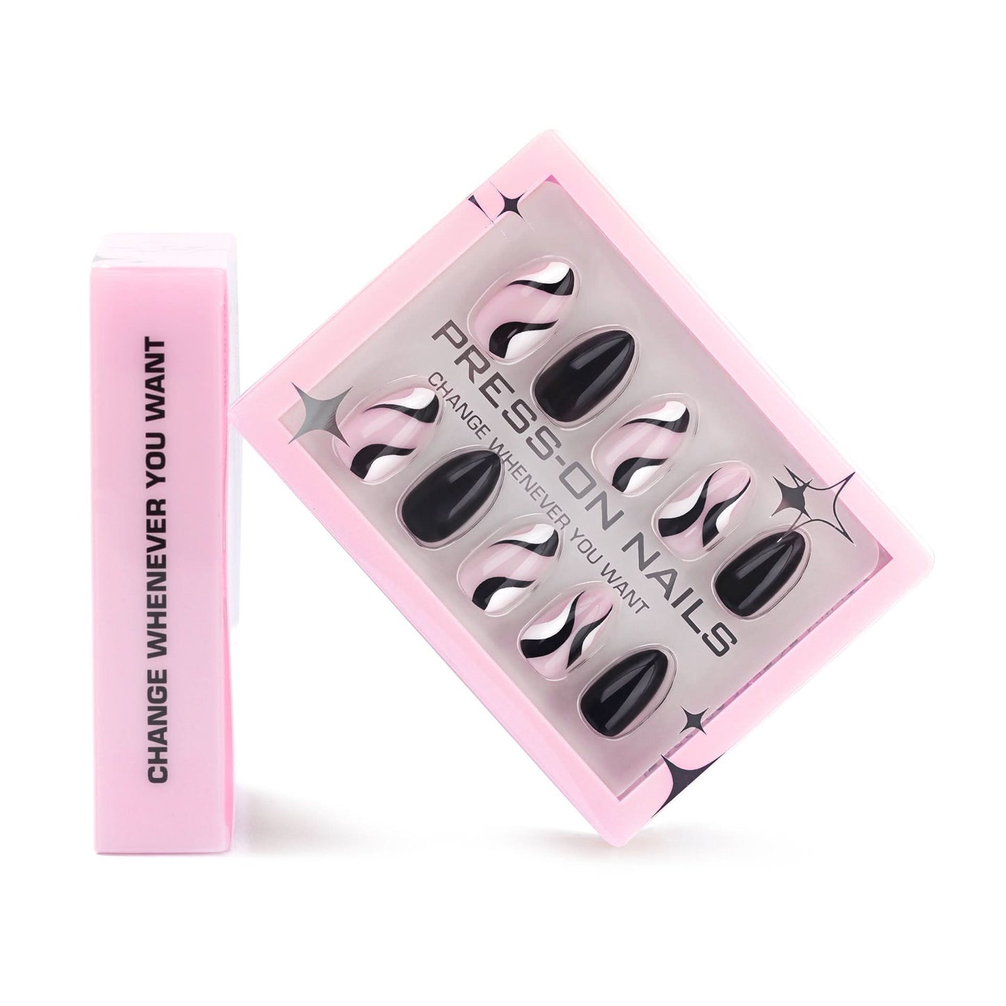 Almond Press-On Nails – Abstract Swirl Design, Short, Reusable False Nail Set