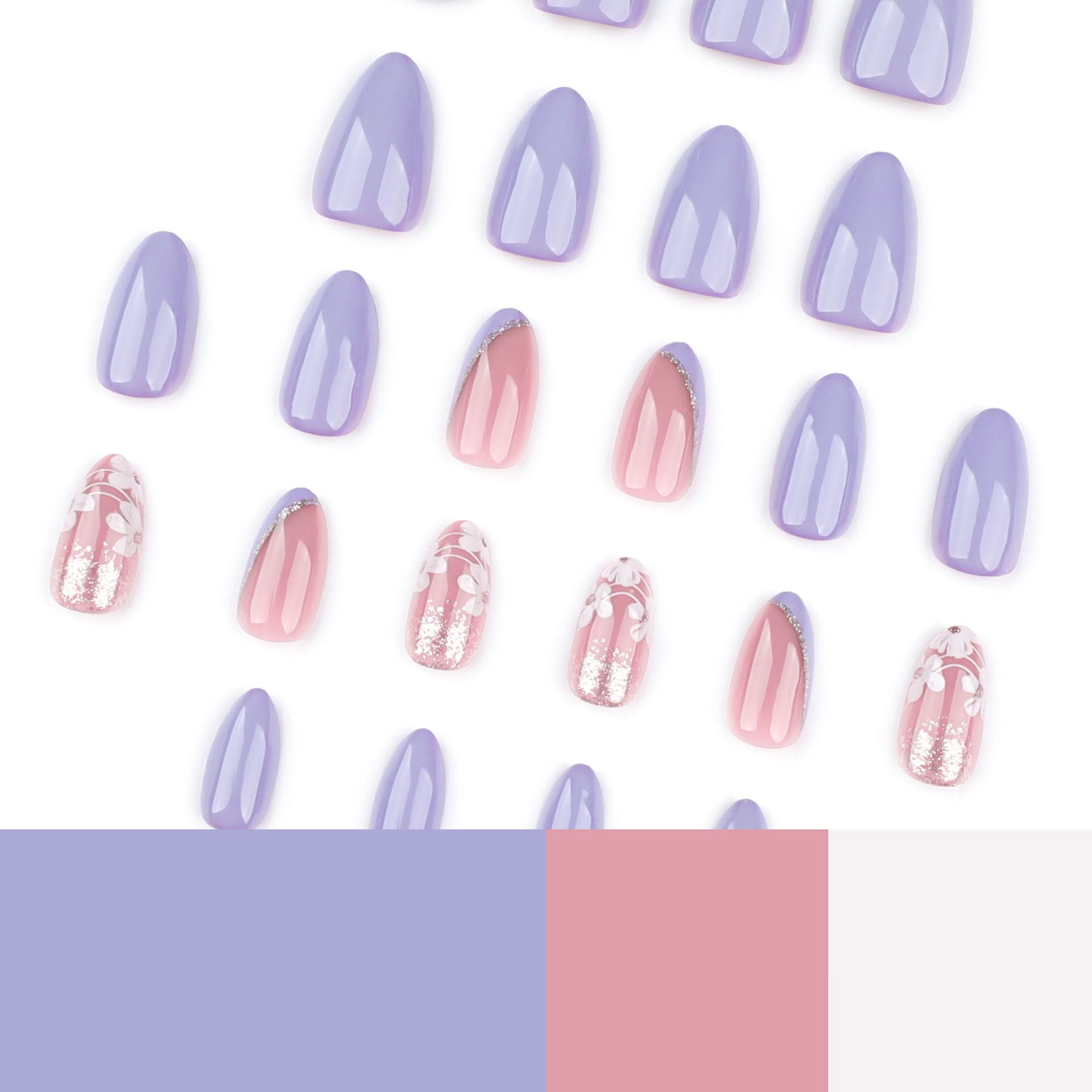French Purple Press-On Nails – Beveled Tip Fake Nails with White Floral Design
