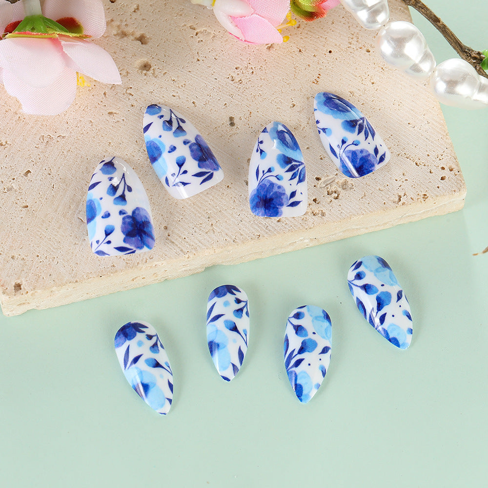 Blue Floral Almond Press-On Nails – Matte Porcelain-Inspired Acrylic Set