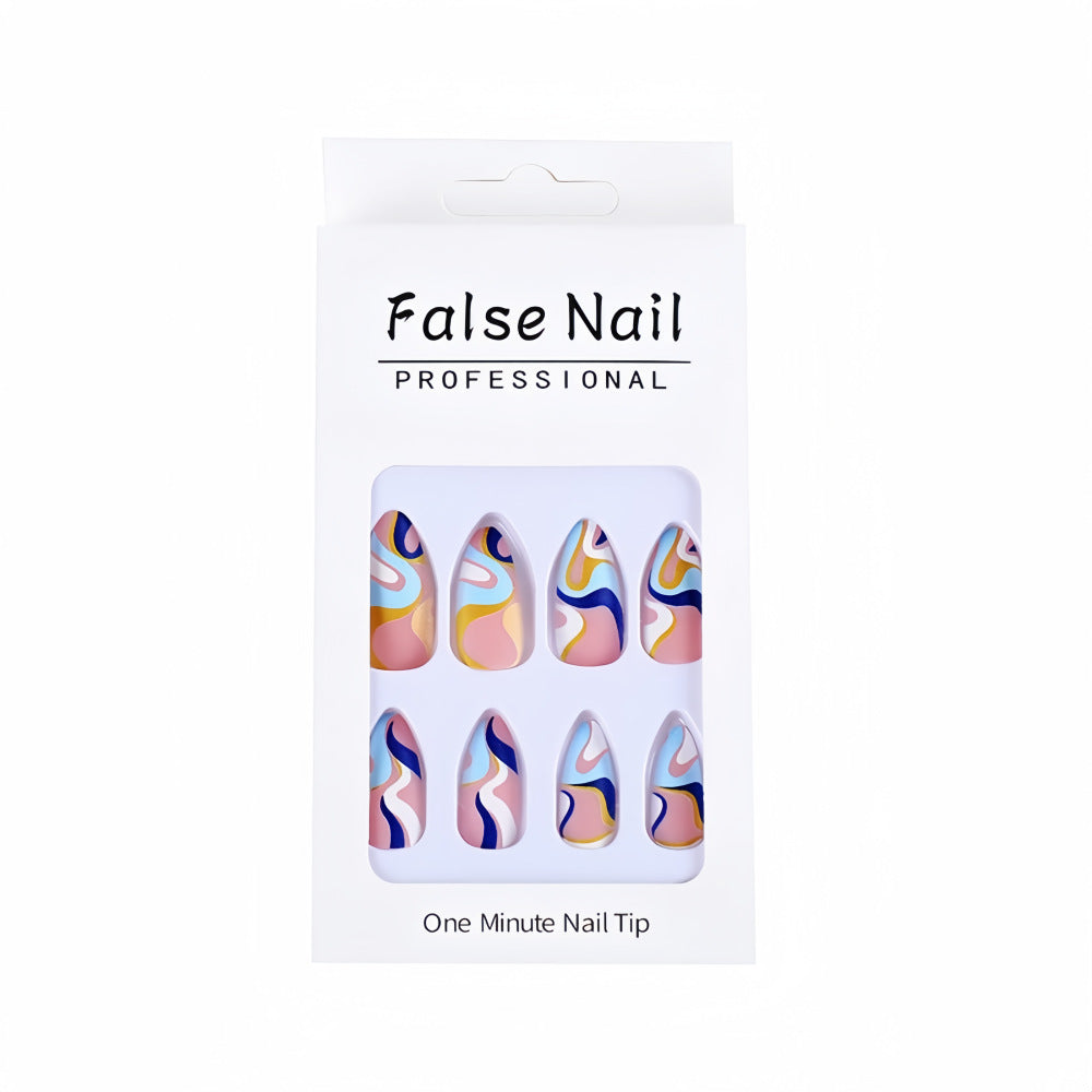 Luxury Swirl Almond Press-On Nails – Gold Rimmed Abstract Design, Reusable Acrylic Set