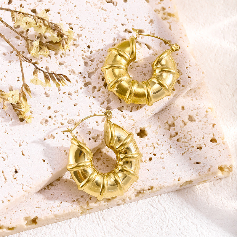 Chunky Retro Gold Hoop Earrings - Lightweight Stainless Steel Spiral Wrap Design