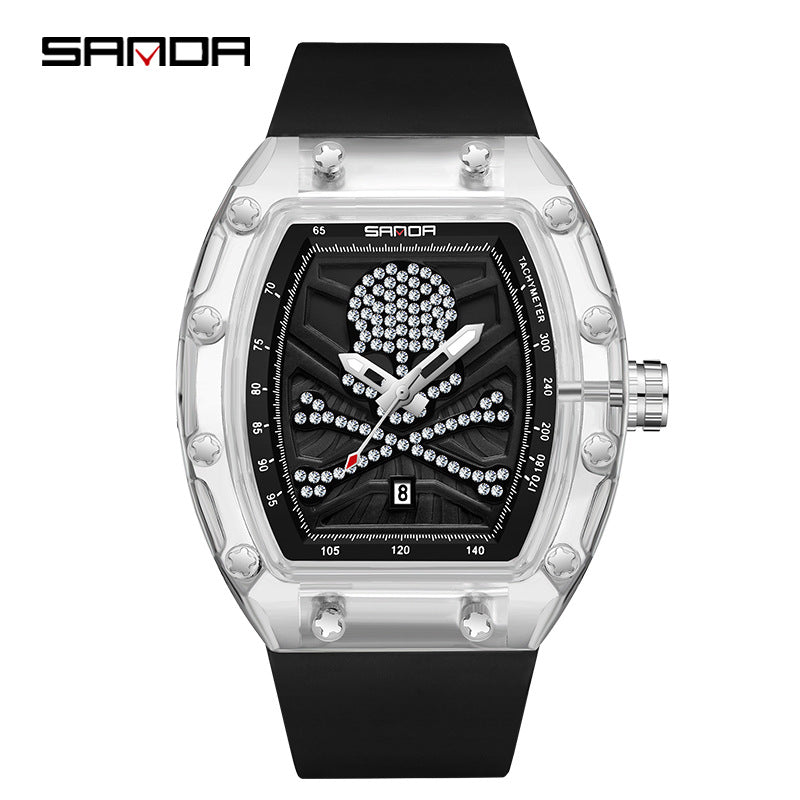 SANDA Skull Quartz Watch – Luminous Calendar, Waterproof Casual Watch