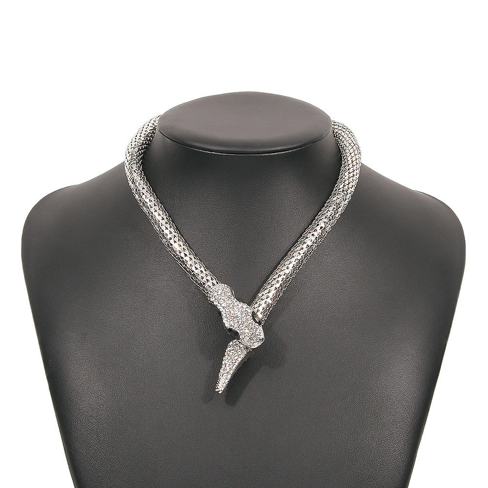 Exaggerated Snake Pendant Necklace – Punk Rhinestone Jewelry for Women