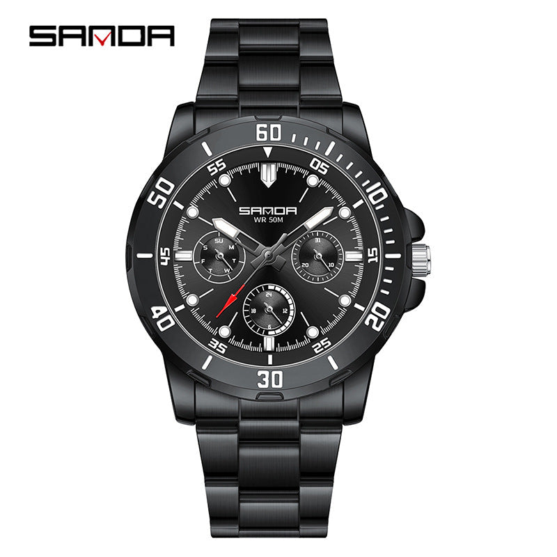 SANDA Men’s Large Dial Steel Quartz Watch – Business Analog Wristwatch with Calendar