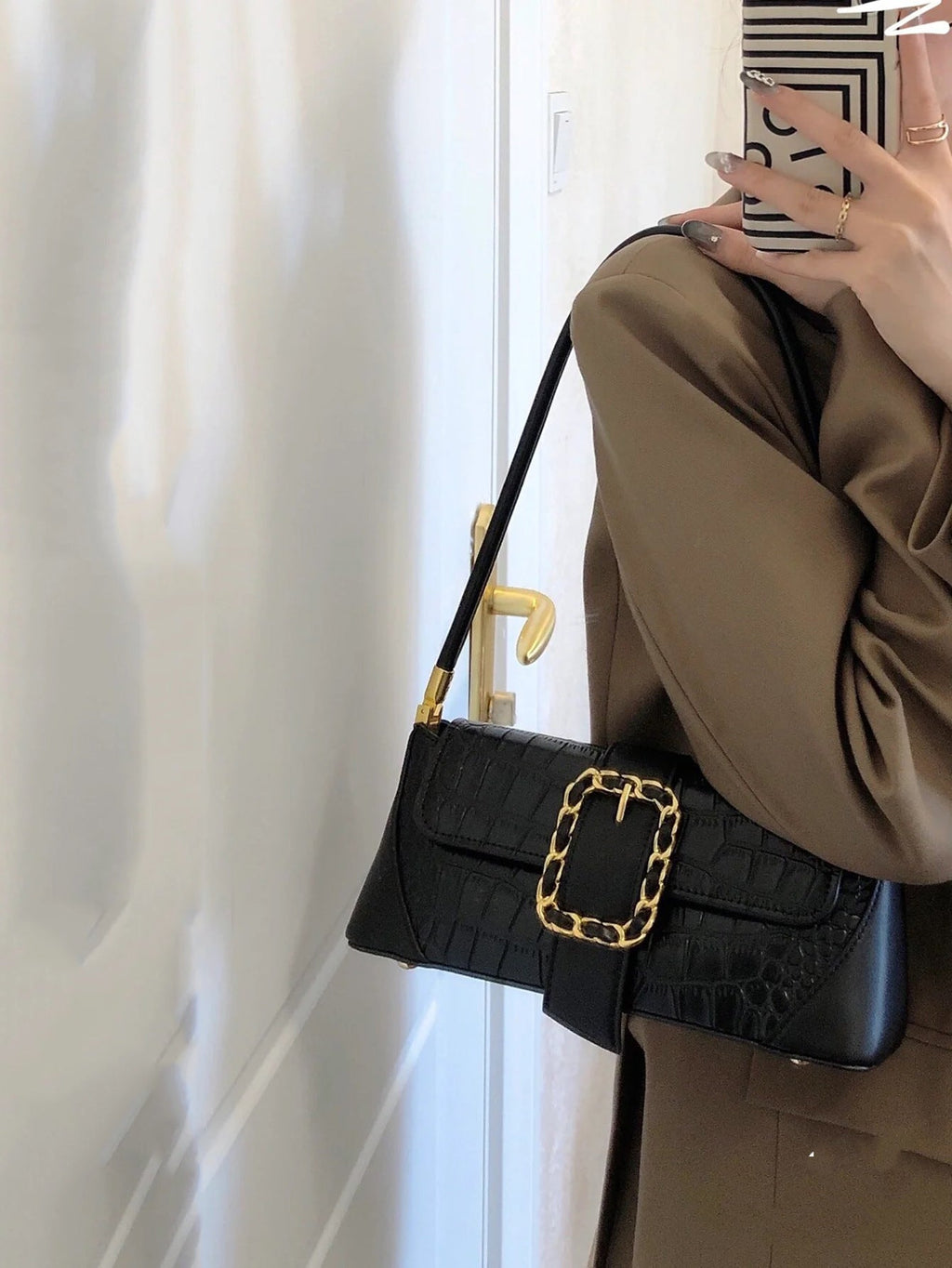 Vintage Horse & Carriage Pattern Shoulder Bag – PU Underarm Handbag for Women