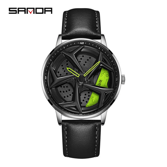Sanda Men’s Leather Quartz Watch – Hollow Rotatable Dial, Waterproof Casual Timepiece