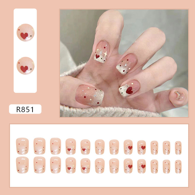 Star & Heart Cute Short False Nails – Glue-On Nail Set, Wearable & Removable