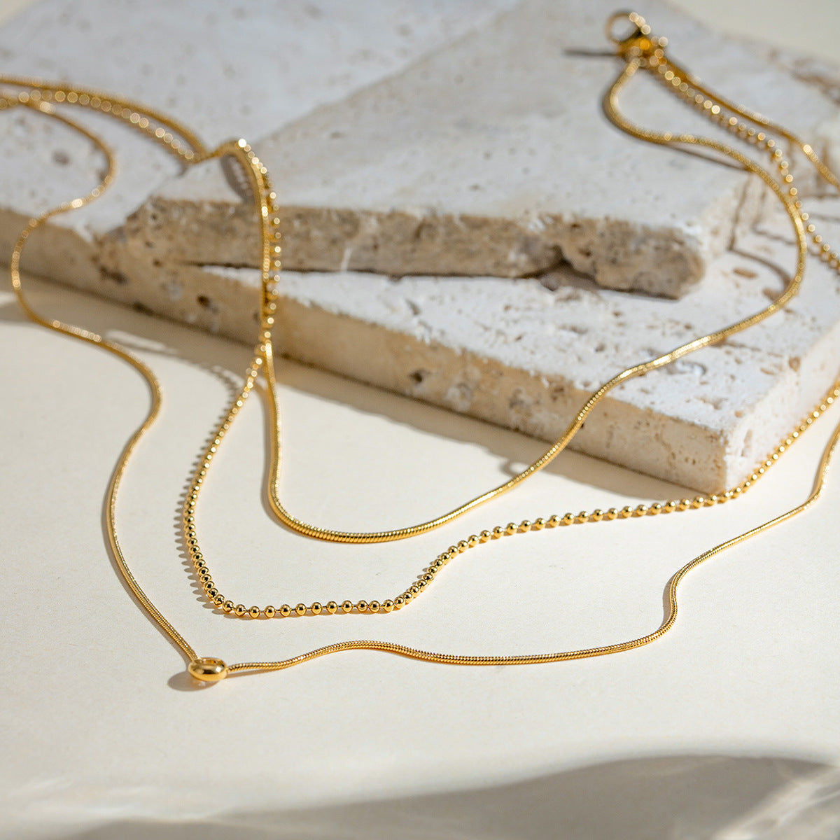 Gold Layered Rhinestone Pendant Necklace – Stainless Steel Triple Chain Jewelry