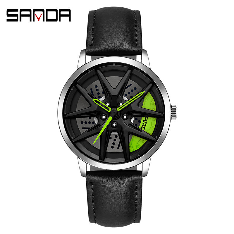 Sanda Men’s Quartz Watch – Wheel Series Dial, Leather Strap, Waterproof Timepiece