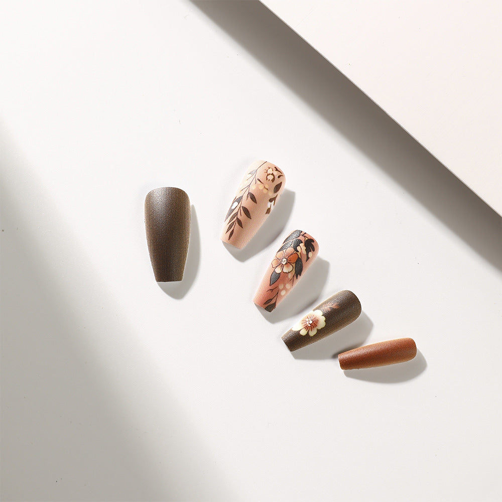 Chic Floral Press-On Nails – Medium Square & Almond Matte Brown and Nude Nails