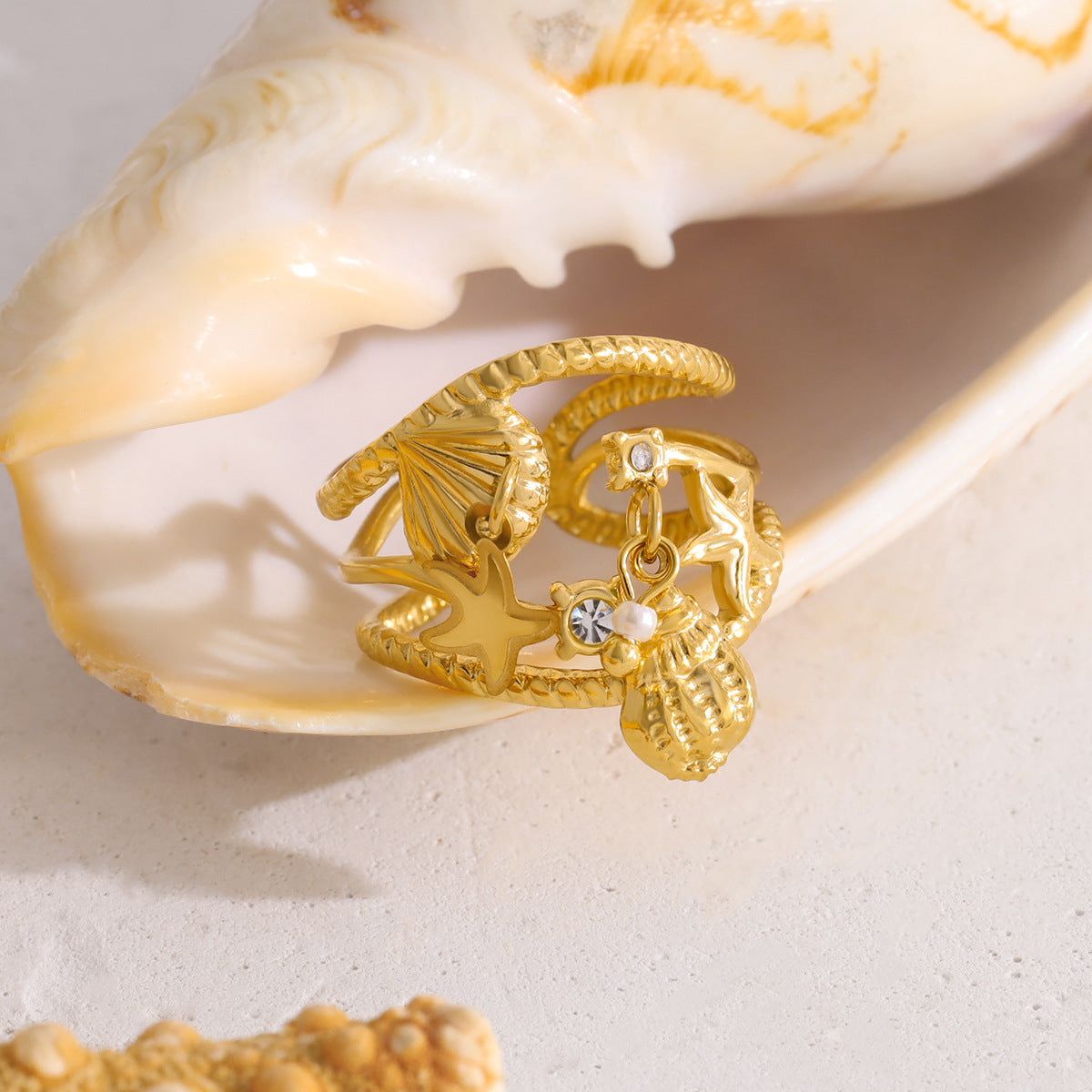 Ocean Starfish Shell Ring – Gold Titanium Steel Open Adjustable Beach Jewelry