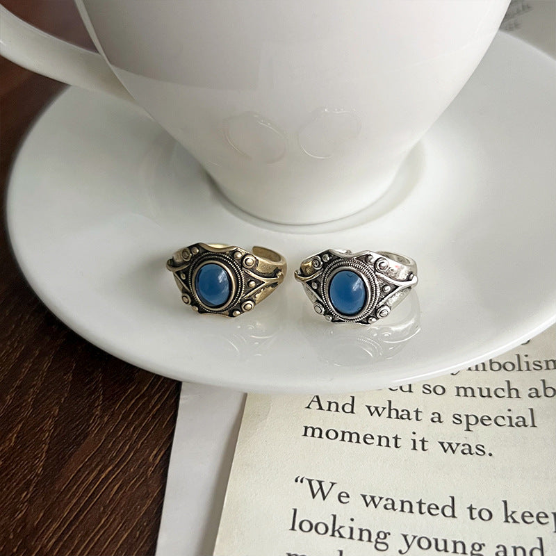 Blue Oval Antique Ring for Women – Adjustable French Retro Copper Statement Jewelry