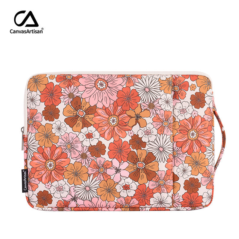 Orange-Pink Retro Bloom Waterproof Laptop Bag – Floral Polyester Sleeve for 11–15"