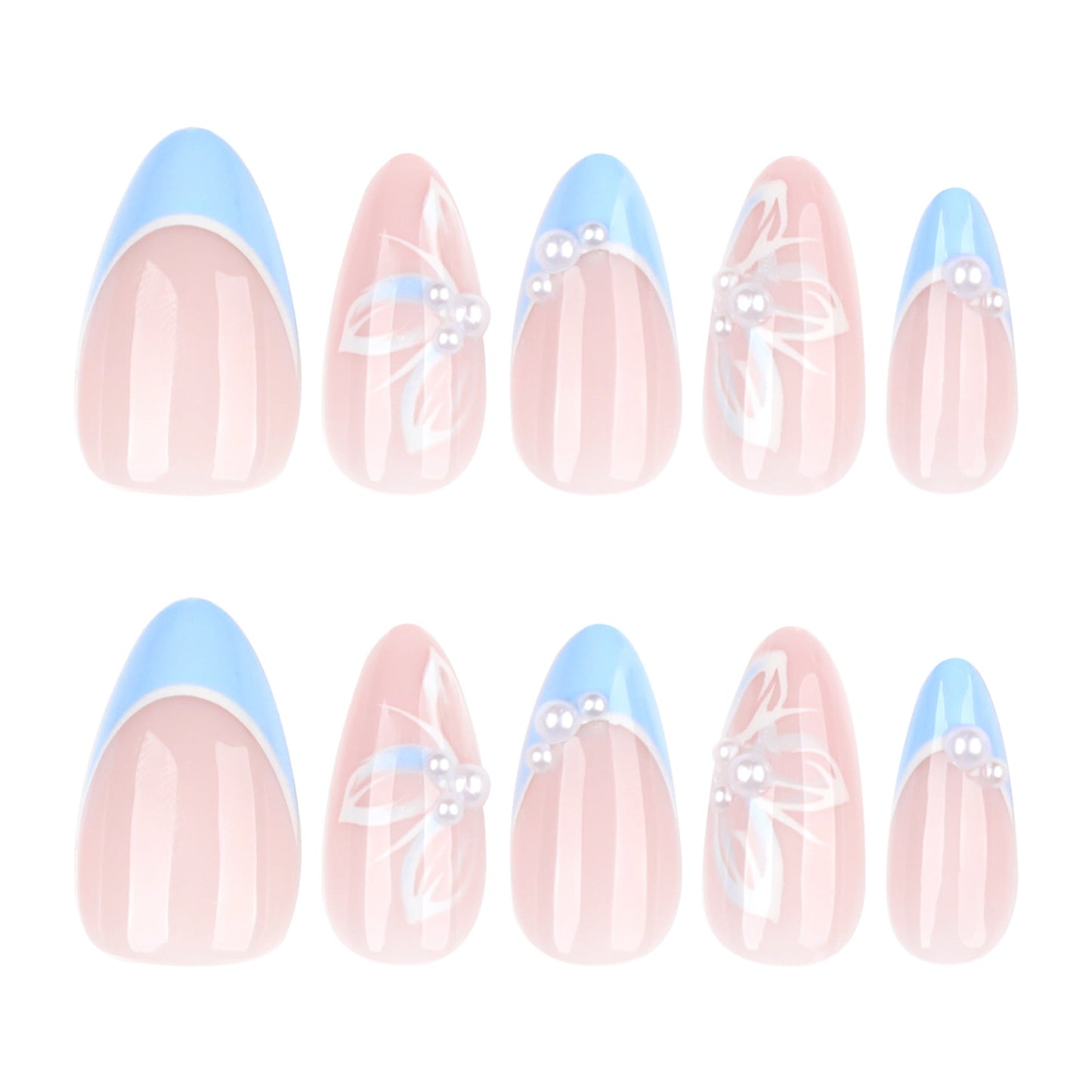 Floral French Tip Press-On Nails – Blue Butterfly Pearl Design, Medium Almond Shape