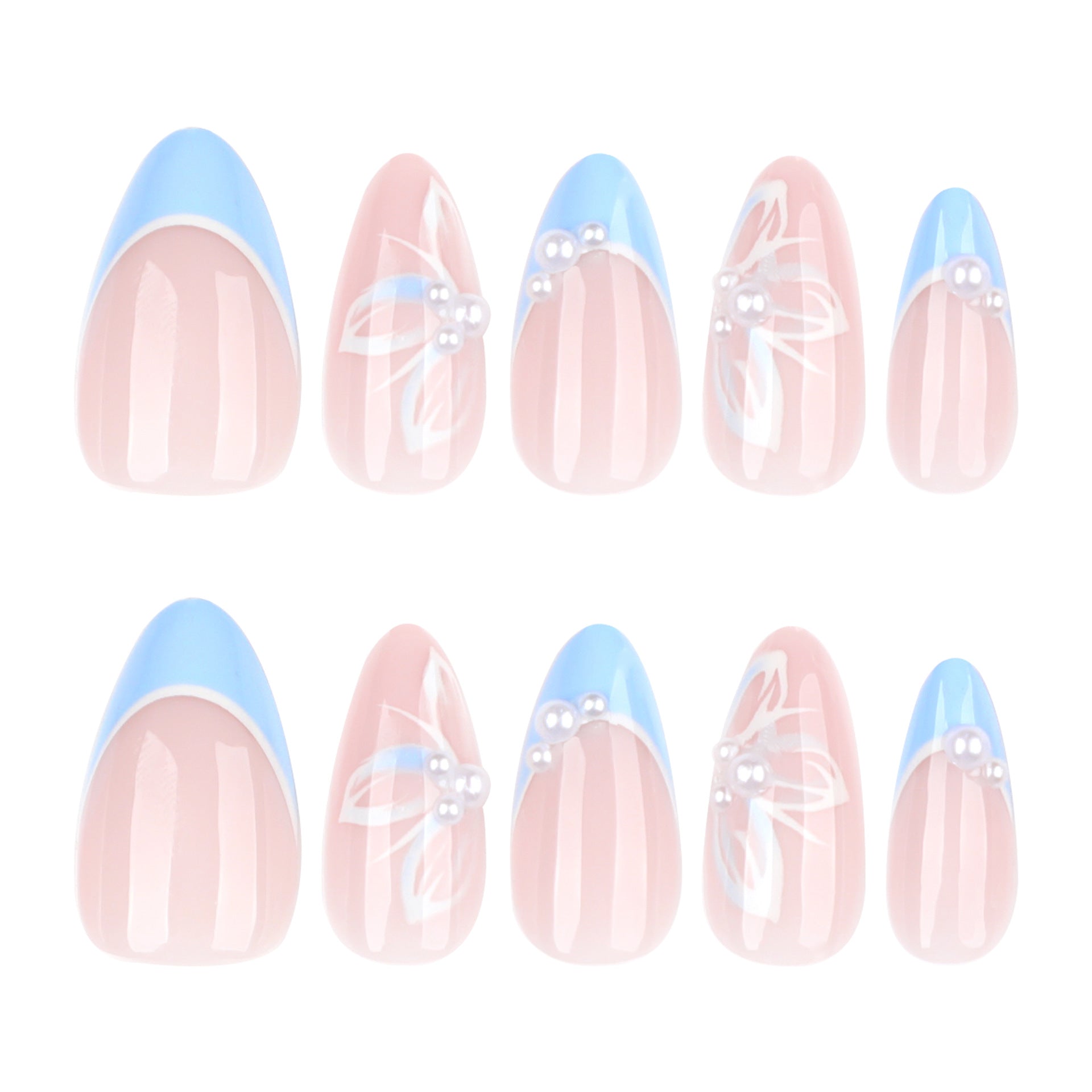 Floral French Tip Press-On Nails – Blue Butterfly Pearl Design, Medium Almond Shape