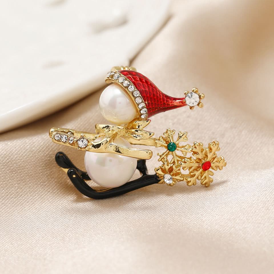 Christmas Snowflake & Snowman Brooch – Rhinestone Winter Pin for Coats & Scarves
