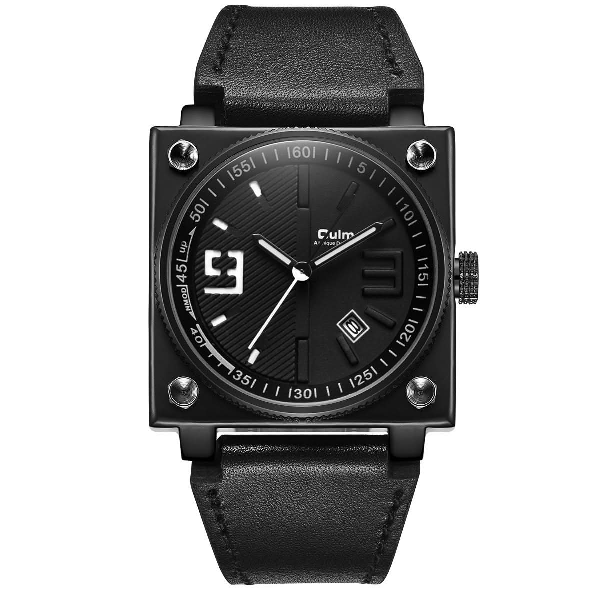Men’s Square Leather Quartz Watch – Week & Date Display