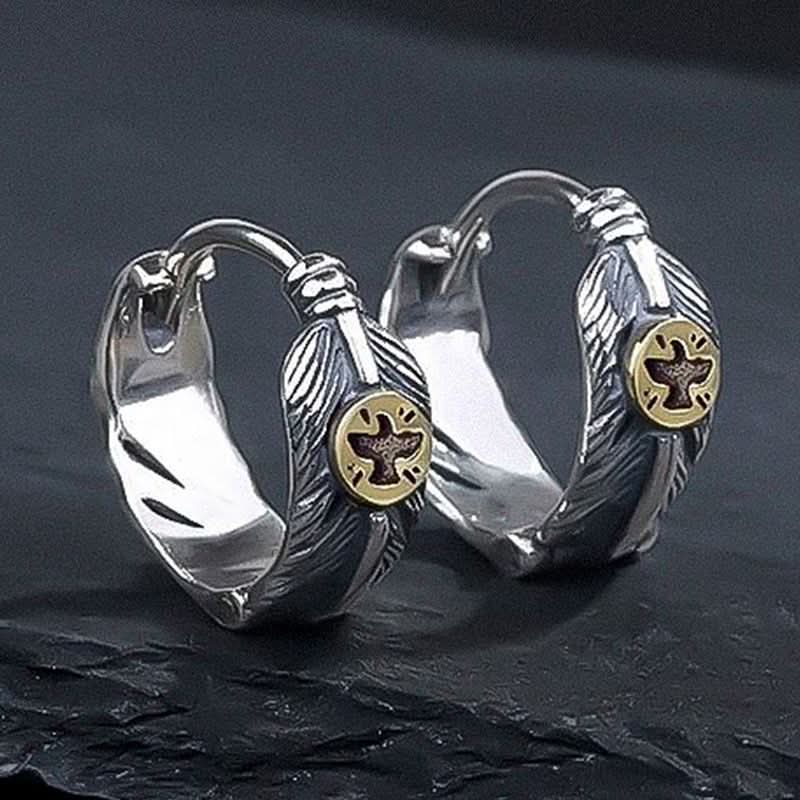 Men’s Retro Feather Hoop Earrings – Silver Flying Bird DesignJewelry
