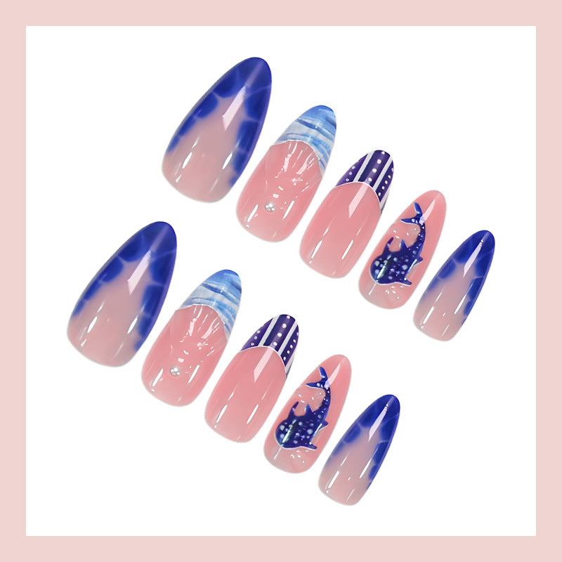Blue & Nude Stiletto Press-On Nails – 3D Dolphin Swirl Long Glossy Nail Art