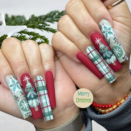 Festive Christmas Coffin Press-On Nails – Red & Green Plaid Tree Design Glue-On Nails