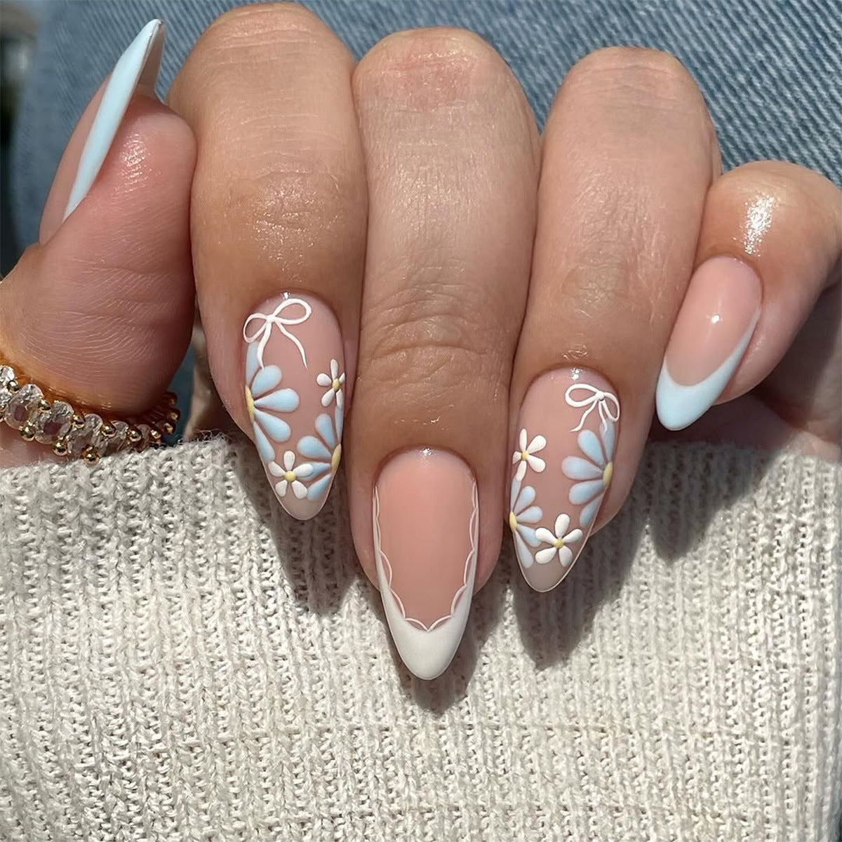 Long Almond Floral Press-On Nails with Matte Daisies & Bow – Cute Glue-On Nail Art