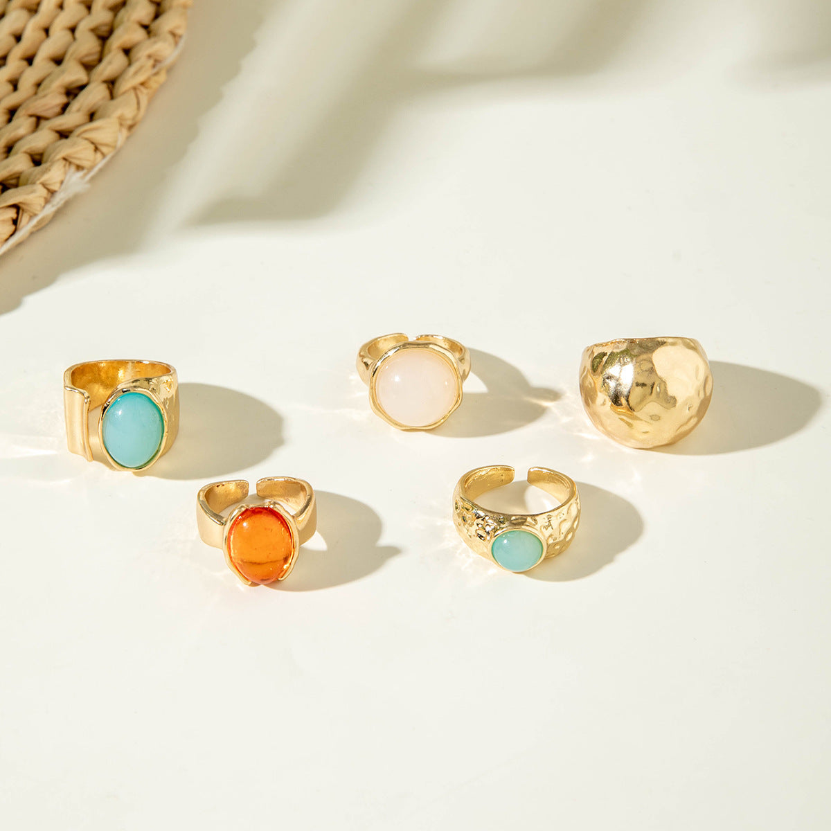 Retro Gemstone Ring Set – Gold Alloy Adjustable Rings for Women (5-pieces)