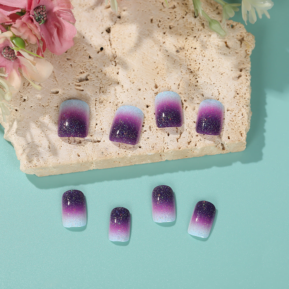 Dreamy Gradient Press-On Nails – Square Acrylic False Nails with Glitter Ombré Shimmer