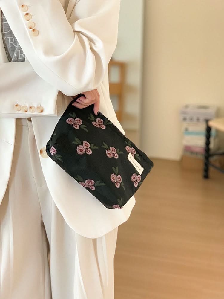 Retro Floral Cosmetic Bag for Women – Canvas-Lined Travel Toiletry Organizer