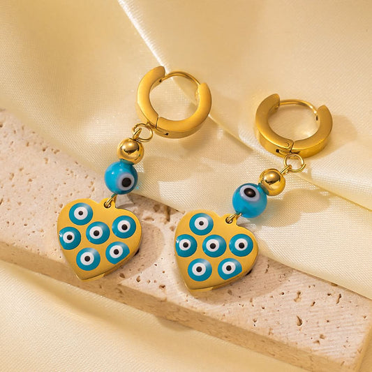 Gold Evil Eye Dangle Earrings - Titanium Steel