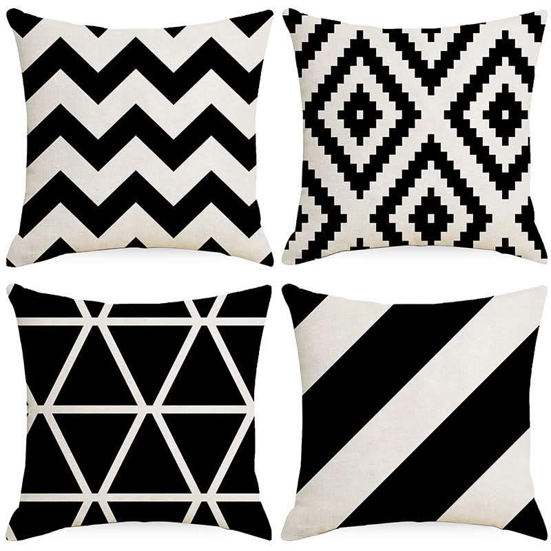Black & White Geometric Linen Pillowcase - Nordic Style (Set of 2)